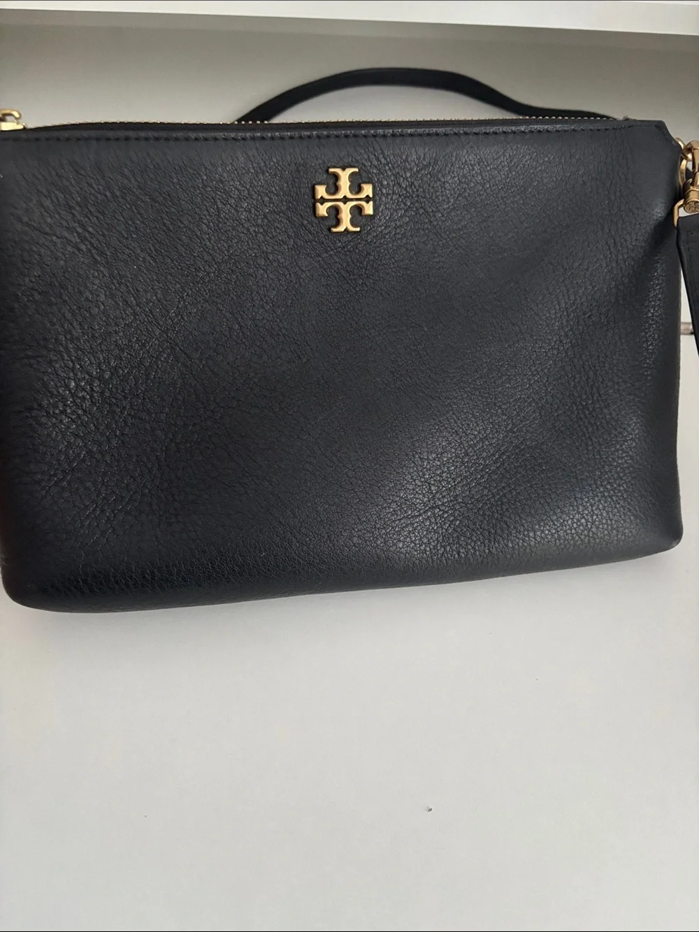 Tory Burch Black Leather Crossbody Clutch with Gold Logo
